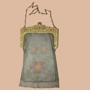 Vintage Whiting Davis Mesh Purse Chain Strap Gold Floral Frame Art Deco Bag